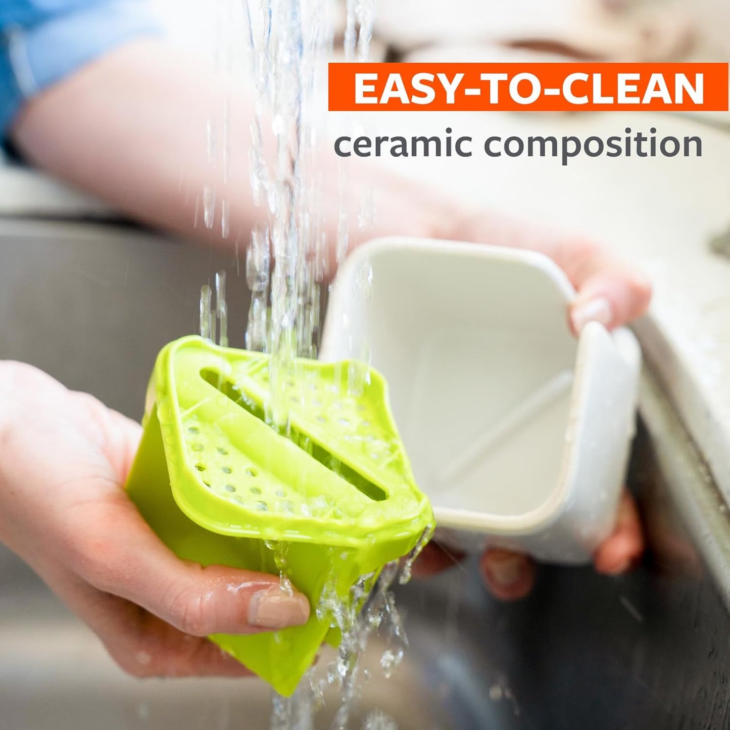 Full Circle Stash, Ceramic Kitchen Sink Caddy, Stylish Sponge Holder & Dish Brush Organizer, Easy to Clean, Dishwasher Safe, Rustproof, White and Gray, 11"
