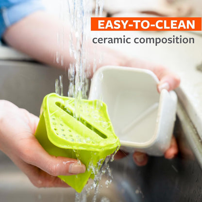 Full Circle Stash, Ceramic Kitchen Sink Caddy, Stylish Sponge Holder & Dish Brush Organizer, Easy to Clean, Dishwasher Safe, Rustproof, White and Gray, 11"