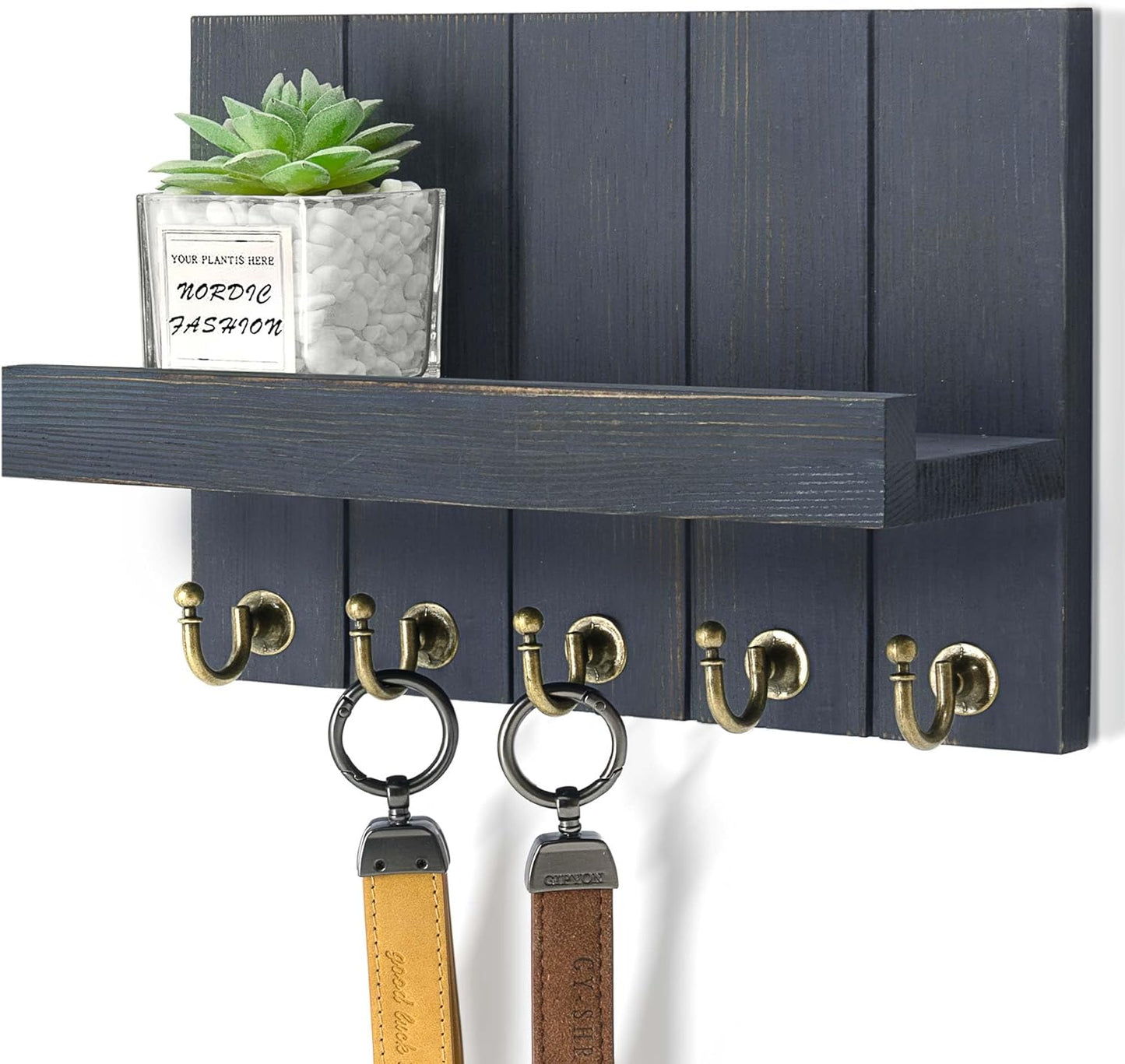 Rebee Vision Decorative Key Holder Wall Mount - Rustic Key Holder for Wall with Shelf and Mail Organizer for Living Room Decor - Home Essentials for Home Improvement (Brown, 3.54" x 10" x 7.28")