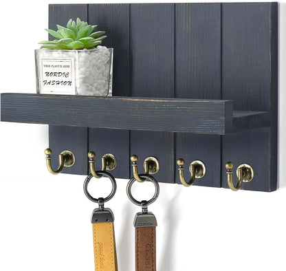Rebee Vision Decorative Key Holder Wall Mount - Rustic Key Holder for Wall with Shelf and Mail Organizer for Living Room Decor - Home Essentials for Home Improvement (Brown, 3.54" x 10" x 7.28")