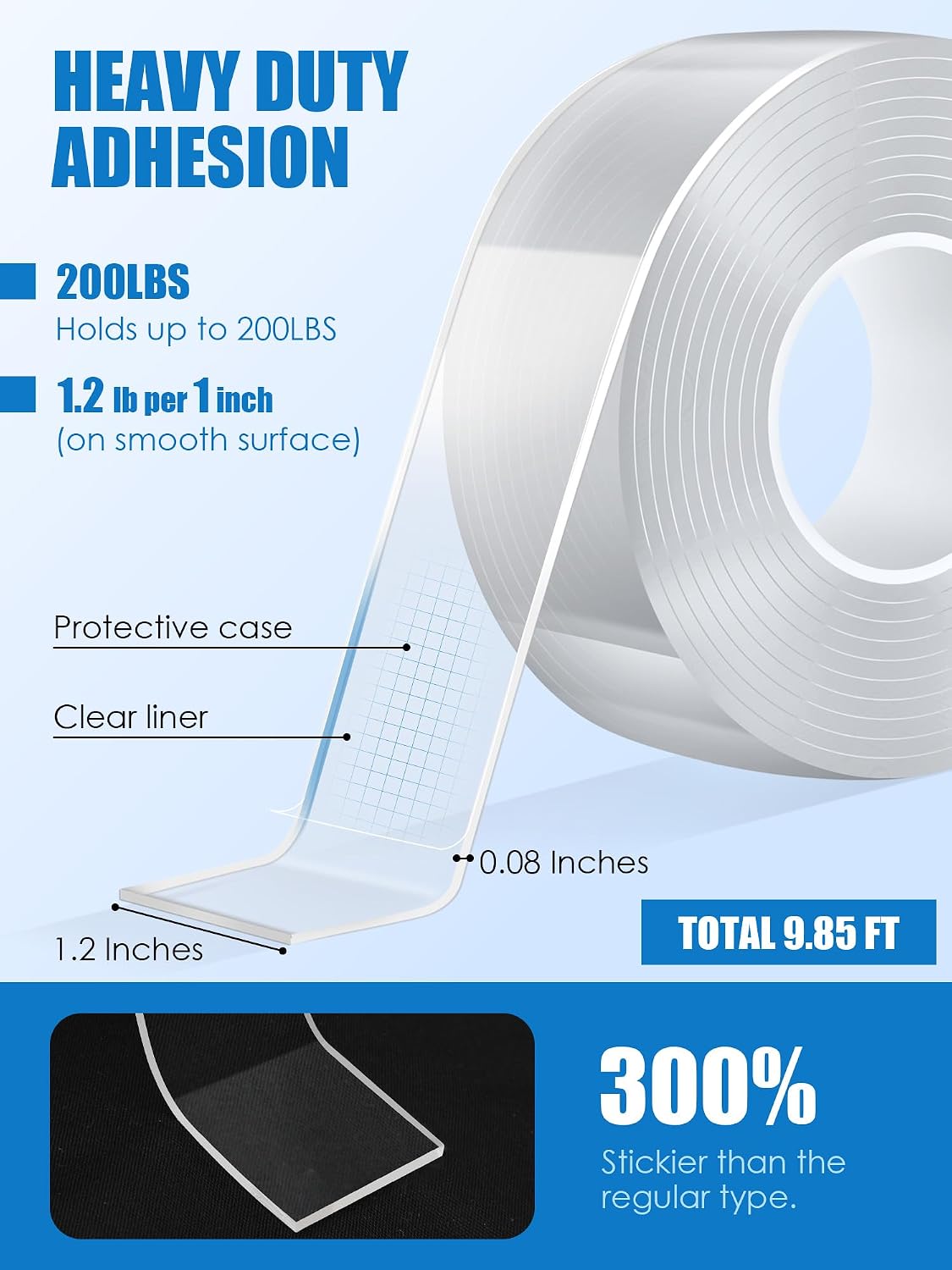 Double Sided Tape Heavy Duty, Transparent Magic Nano Tape, Multipurpose Removable Adhesive Grip Mounting Tape Washable for Carpet, Wall Decor, Hanging Picture, DIY Projects