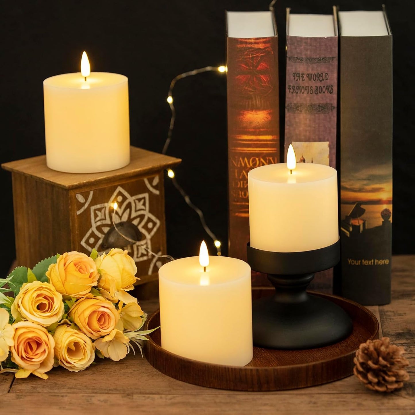 volnyus Flameless Candles Set of 3 (3x3 inch) Flickering LED Real Wax Candles Battery Operated with Remote Control Timers for Fireplace Bedroom Livingroom Party Dimmable Ivory Pillars Flat top