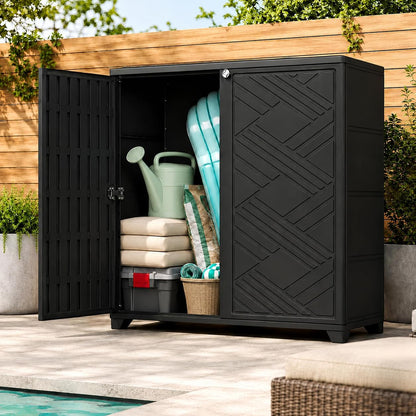 ADDOK Outdoor Storage Cabinet,60 Gallon Waterproof Resin Patio Storage Cabinet with 1 Adjustable Metal Shelf, Upright Outdoor Cabinet for Garden Tools, Pool Supplies, Toys, Porch and Garage