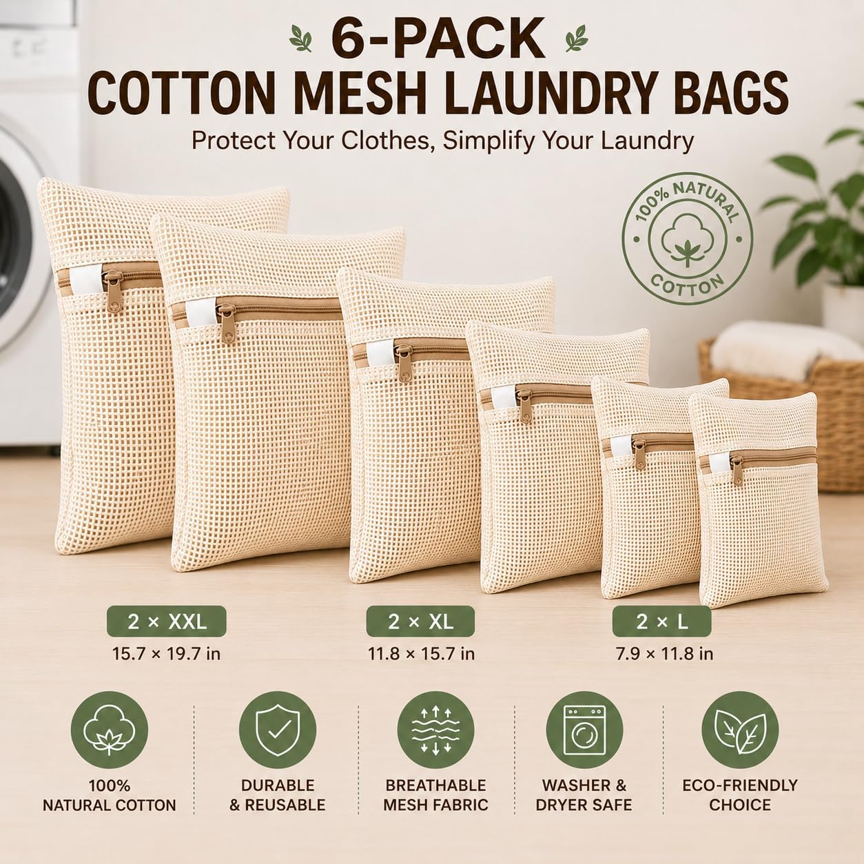 6-Pack Laundry Bags, Durable Cotton Mesh with Sturdy Zipper, Breathable Mesh Fabric, Ideal for Washing Underwear, Pants, Shoes, Socks and Delicate Garments