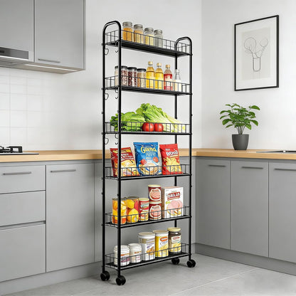 10in 6-Tier Slim Storage Cart with Wheels, Metal 10in Wide Black Narrow Rolling Shelf, Sturdy Slim Storage with Hooks Ideal for Kitchen, Bathroom, and Laundry Room