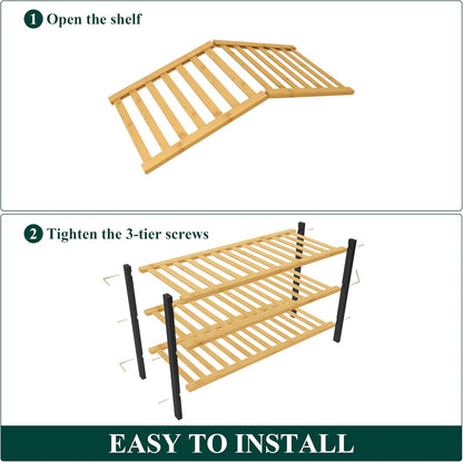 Smiry Bamboo Shoe Rack for Closet, 3 Tier Wooden Shoe Organizer, Stackable Wood Shoe Storage Shelf for Entryway, 14 Vertical Slats, One-piece Heavy-Duty Legs, 26.77"x11.02"x18.31", Natural