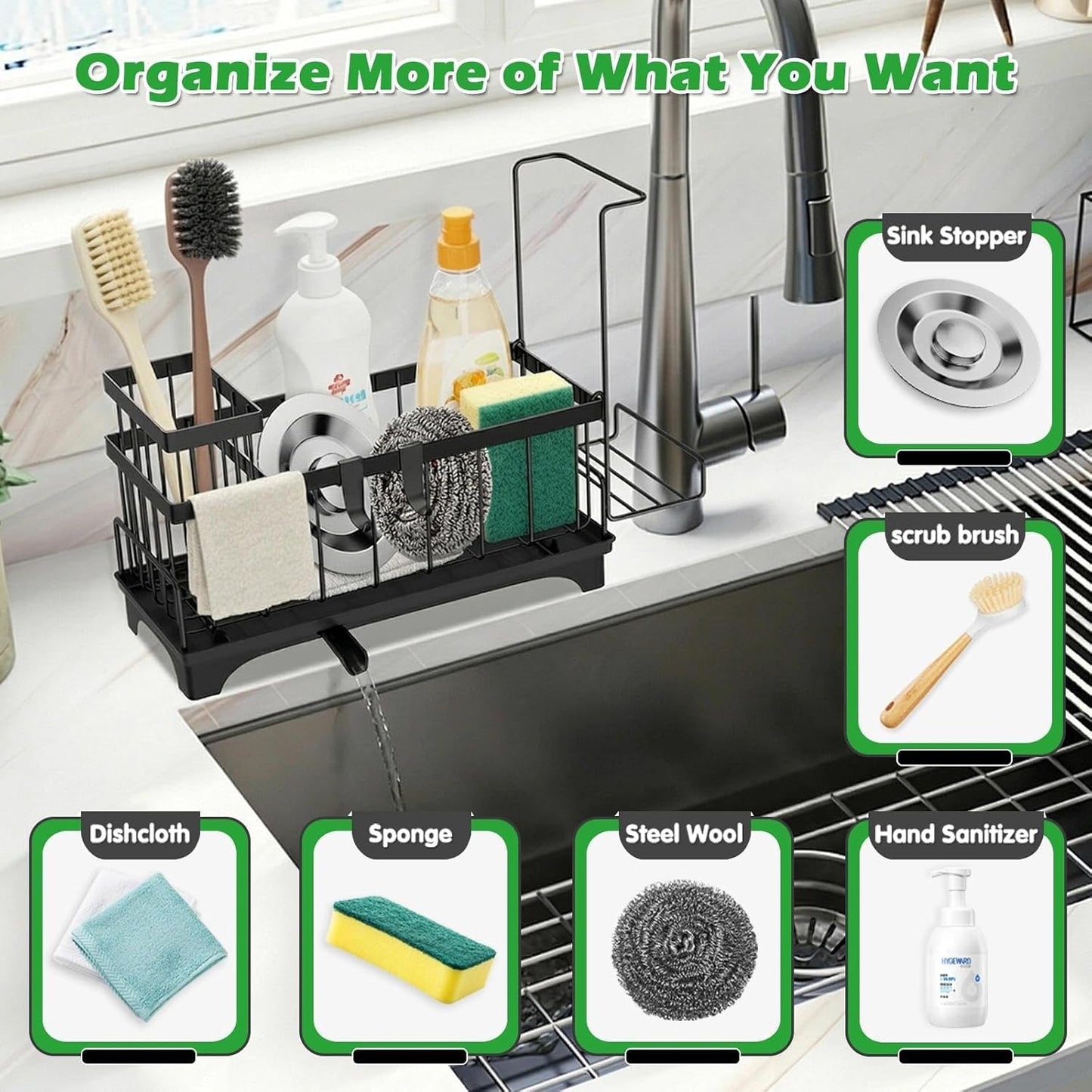 Sponge Holder for Kitchen Sink, Sink Caddy Organizer with Detachable Cloth & Brush Holder, Self-Draining Sponge Caddy Organizer with 360° Rotatable Spout, Kitchen Countertop Storage Accessories(Black)