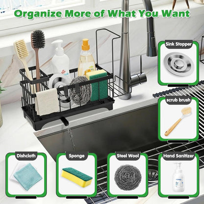 Sponge Holder for Kitchen Sink, Sink Caddy Organizer with Detachable Cloth & Brush Holder, Self-Draining Sponge Caddy Organizer with 360° Rotatable Spout, Kitchen Countertop Storage Accessories(Black)