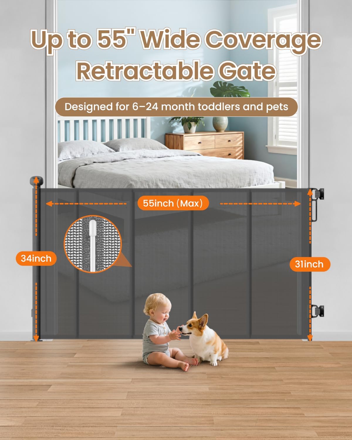 Retractable Baby Gate, 55" Wide Reinforced Mesh Baby Gate with 4 Fiberglass Support Rods for a Tighter Fit, 34" Tall Retractable Dog Gate for Stairways, Hallways and Doorways, Black