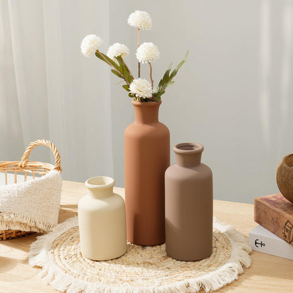 Ceramic Vase Set of 3, Modern Minimalist Neutral Home Decor, Boho Rustic Farmhouse Decorative Vases for Pampas Grass Dried Flowers | Table Centerpiece Entryway Mantel Bookshelf(Black Mix Set - Gray#1)
