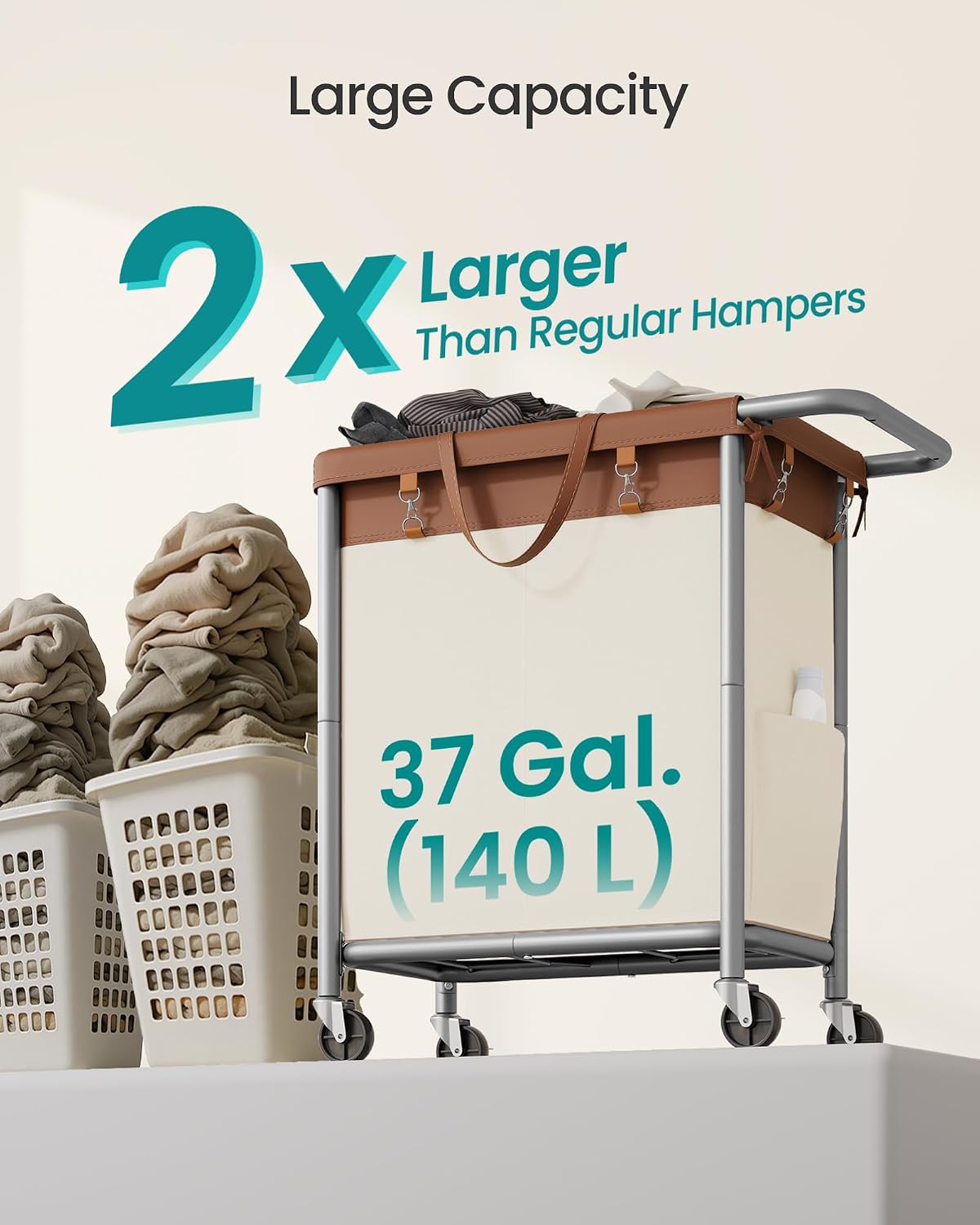 SONGMICS Laundry Basket with Wheels, 3-Section Rolling Laundry Hamper, 52.8 Gallons (200 L), Removable Liner, Steel Frame with Handle, 35.8 x 15.4 x 31.9 Inches, Cream White URLS005W01