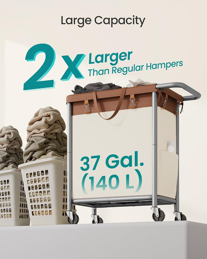 SONGMICS Laundry Basket with Wheels, 3-Section Rolling Laundry Hamper, 52.8 Gallons (200 L), Removable Liner, Steel Frame with Handle, 35.8 x 15.4 x 31.9 Inches, Cream White URLS005W01