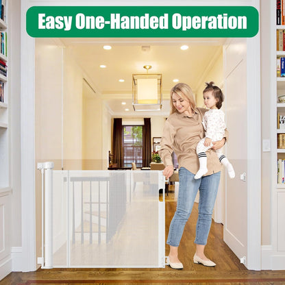 Reinforced 50" Wide Retractable Baby Gates for Doorways, Retractable Dog Gate for Stairs with Support Rods – Prevent Crawling Under, Outdoor Indoor Mesh Baby Gate Retractable Gates for Dogs, White