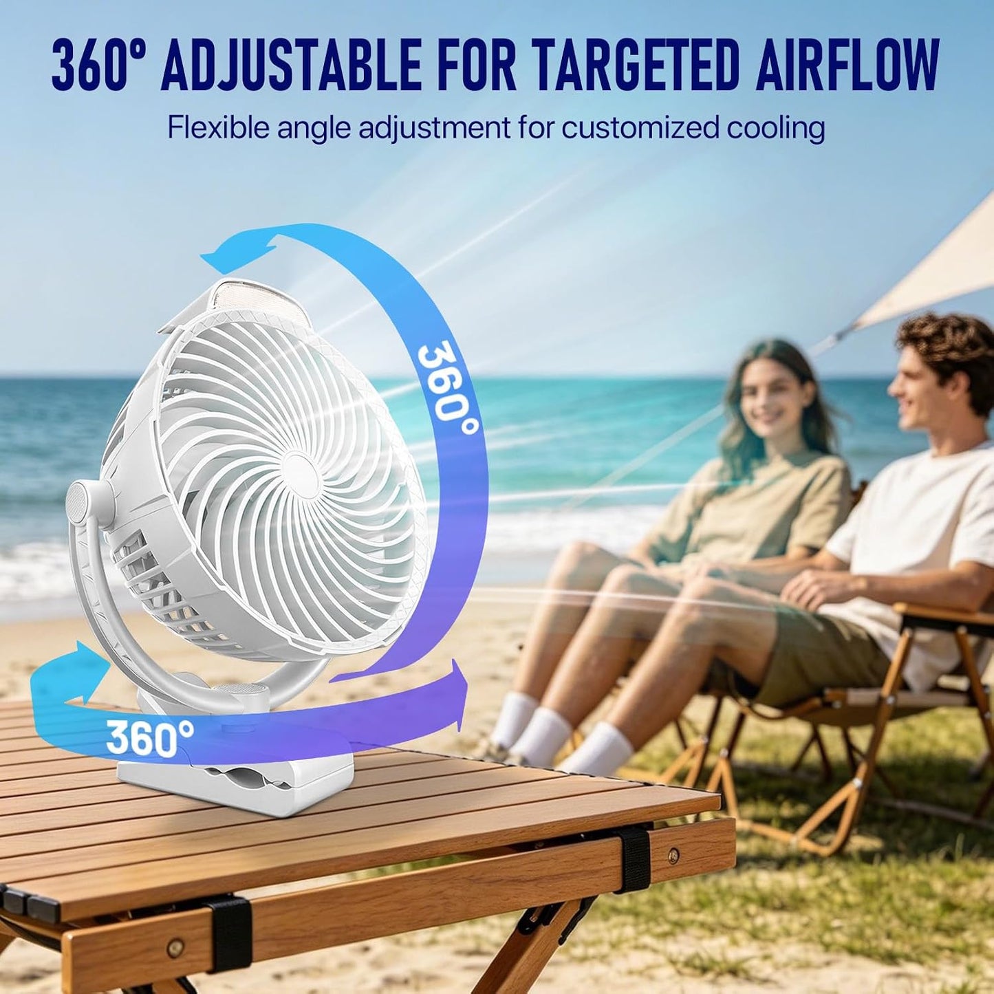 8-Inch Rechargeable Clip on Fan, 10000mAh Portable Camping Fan with LED Light, 9-Speed Ultra Quiet Airflow, 30H Runtime, 360° Rotating Desk Fan for Golf Cart, Bedroom, Office, Dorm, Black