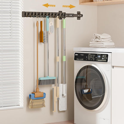 Pull Out Broom Holder With 9 Adjustable Sliding Hook, Multifunctional Slide Broom And Mop Storage/Organizer Garage Organization Hooks, for Closet Laundry - Dark grey- 41cm/16.14inch