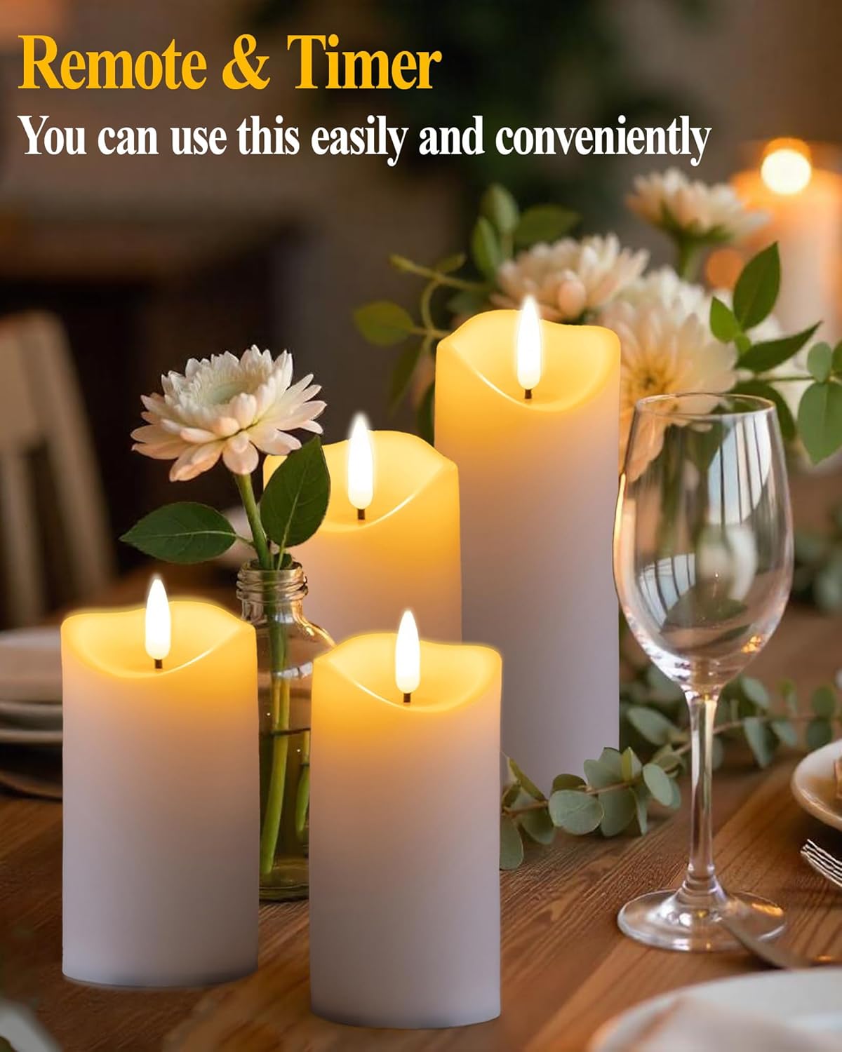 Gmnee 3"x4" Flickering Flameless Candles with Remote Timer, Real Wax, Ivory Pillar Candles, Set of 3 Fake LED Battery Operated Candles for Home, Fireplace, Centerpiece, Rustic and Farmhouse Decor