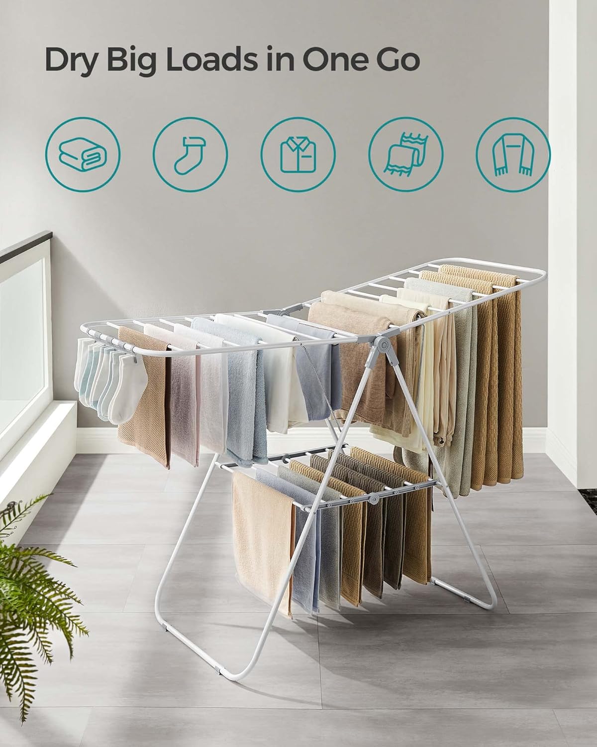 SONGMICS Clothes Drying Rack, with Sock Clips, Metal Laundry Rack, Foldable, Space-Saving, Free-Standing Airer, with 2 Height-Adjustable Gullwings, Indoor Outdoor Use, Gray ULLR052G01