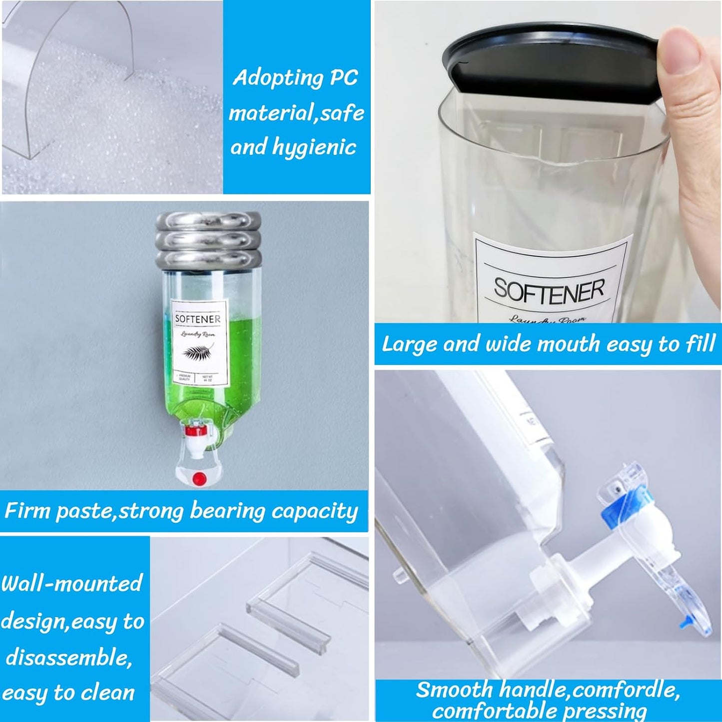 2 PCS Laundry Detergent Dispenser, 44 oz Wall Mounted Laundry Soap Dispenser with Faucet Liquid Detergent Holder for Laundry Room, Fabric Softener Container with Labels Adhesive Hook Measuring Cup