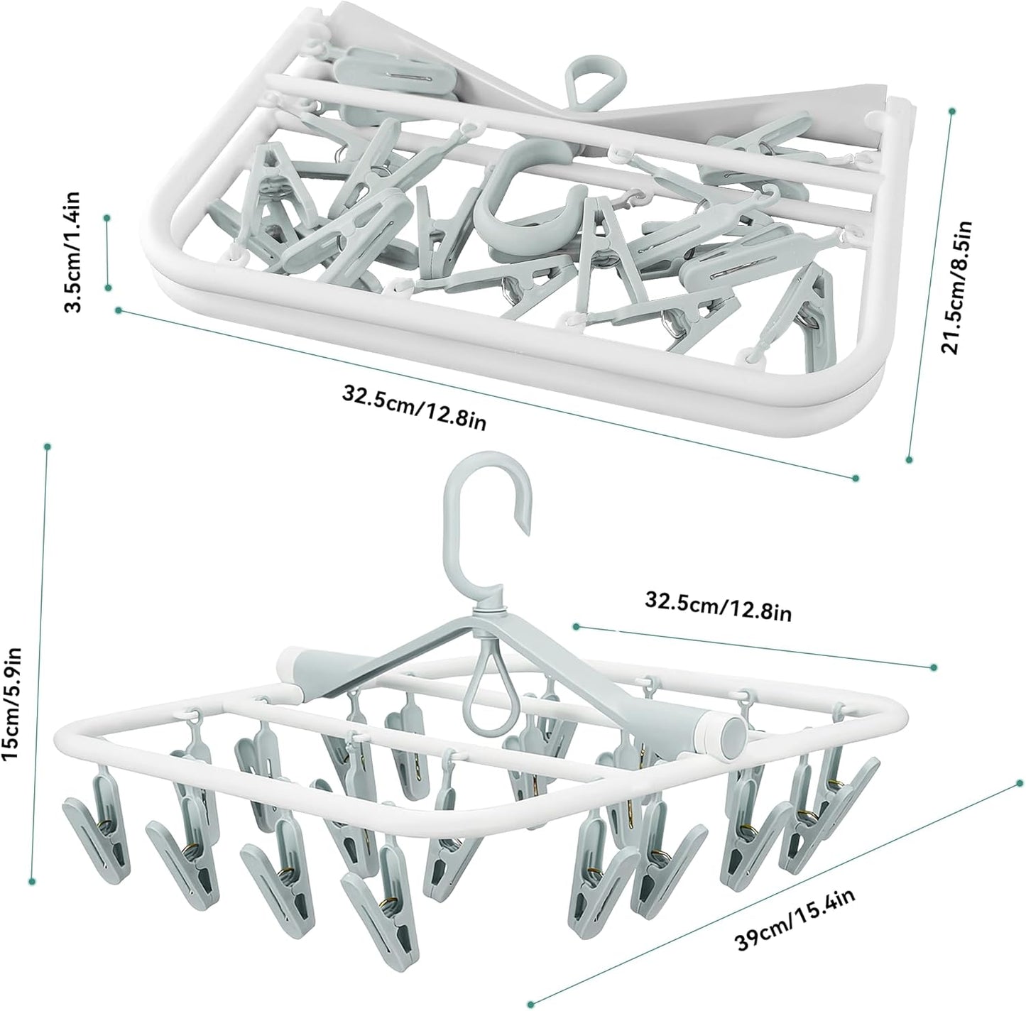 Plastic PP Drying Hanger, Anti-Rusty Drying Rack for Clothes, Socks, Lingeries, Delicates, Drying Hanger with 32 Clips for Baby Clothes, Towels