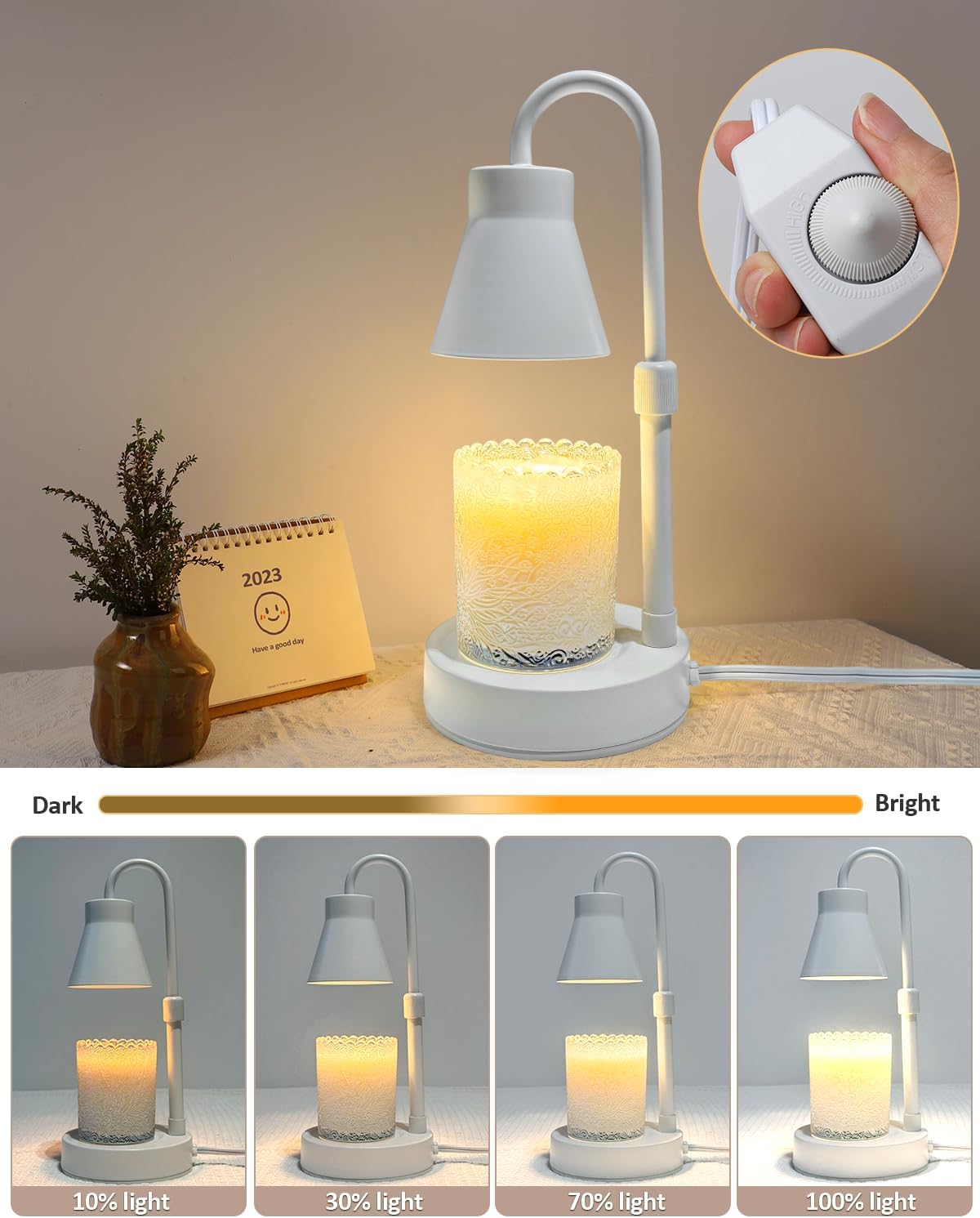 Elenhome Candle Warmer Lamp with Adjustable Height, Stepless Dimming Function-Home Decor Lamp, Metal Candle Lamp for Jar Candles, No Flame Scented Candle Warmer with 2 Bulbs (Black)