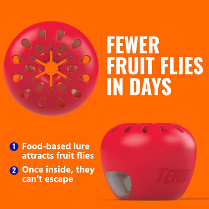 TERRO Fruit Fly Trap 4-Pack, 180 Day Lure Supply, Food-Based Lure | Apple-Shaped Design for Kitchen Counters, Fruit Bowls, Trash Cans, Food-Based Lure, Indoor Pest Control, Fruit Fly Killer