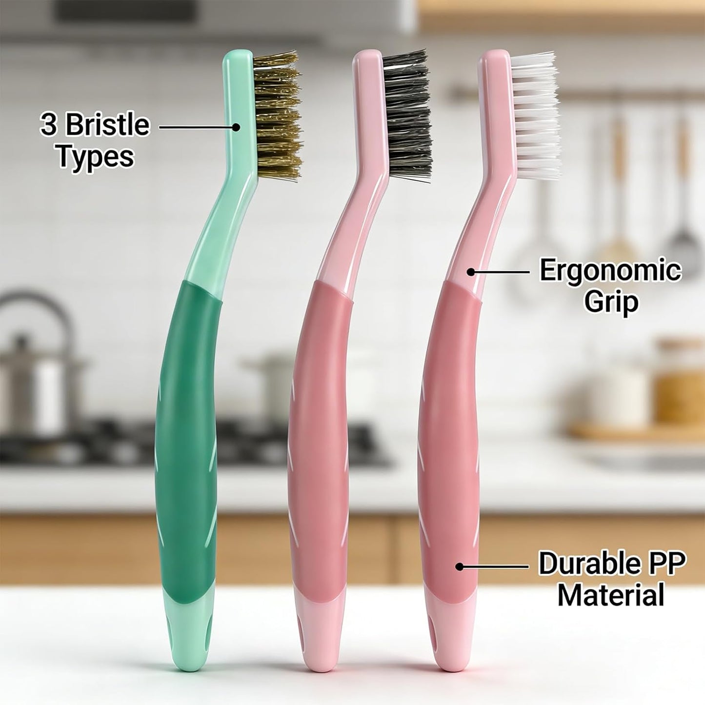 3-Pack Deep Clean Brush Set, Hard Bristle Brush & Steel Wire Scrubber for Bathroom Tiles, Grout, Kitchen Sinks, Stove Tops, Heavy Duty Cleaning Brushes with Comfort Grip, 2 Pink & 1 Green Brushes