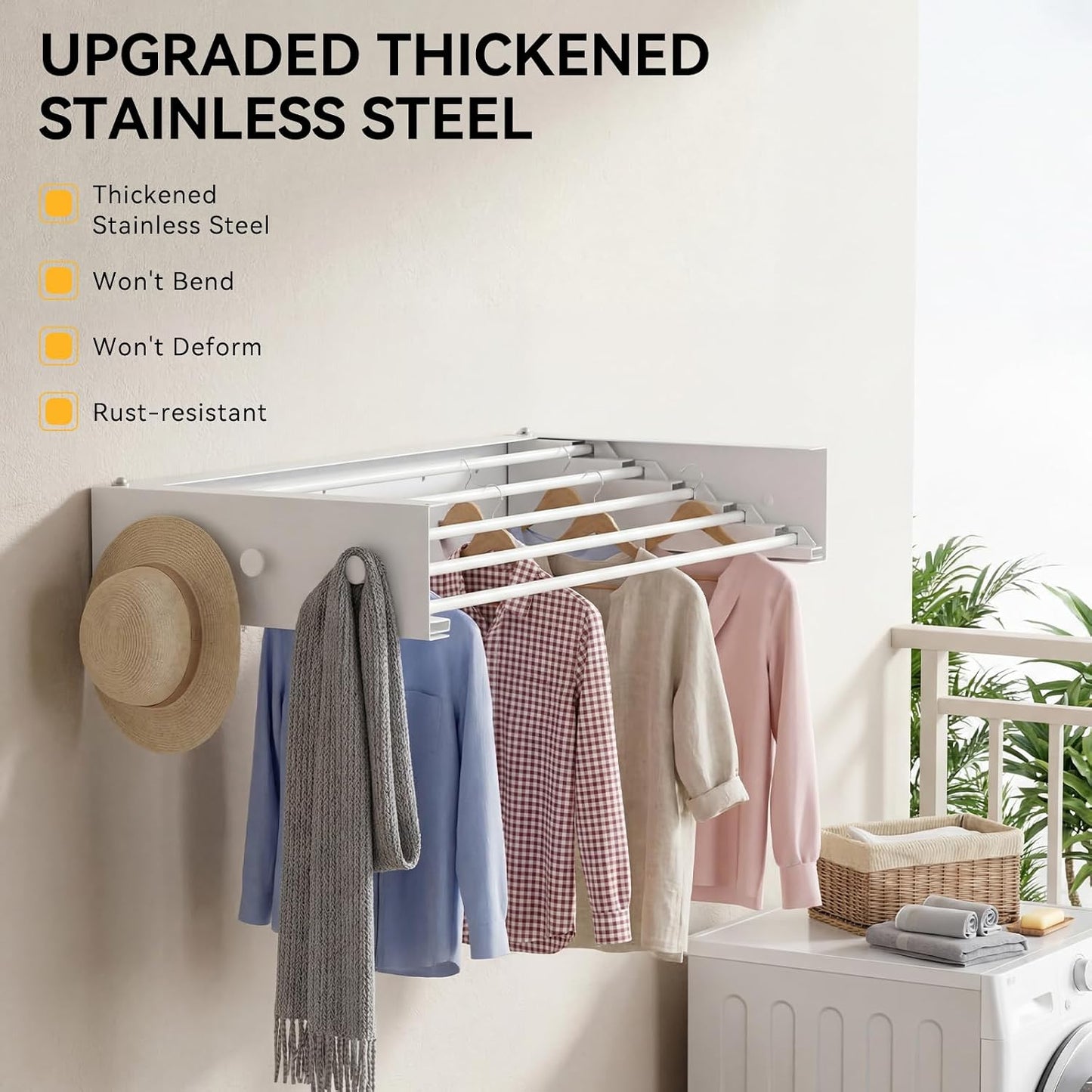 Wall Mounted Drying Rack, 23.6" Retractable Clothes Drying Rack, Heavy Duty 60LB Capacity with 4 Stainless Steel Rods, Foldable Laundry Rack for Indoor Laundry Room, Balcony & Bathroom