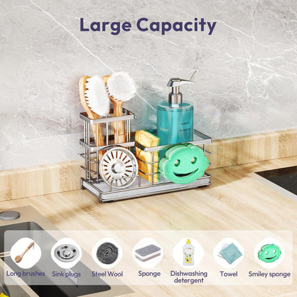 SWTYMIKI Sponge Holder for Kitchen Sink - Sink Caddy with Brush Holder and Stainless Steel Self Drain Tray, Sponge Caddy Organizer with Divider Kitchen Accessories Storage for Countertop, Black