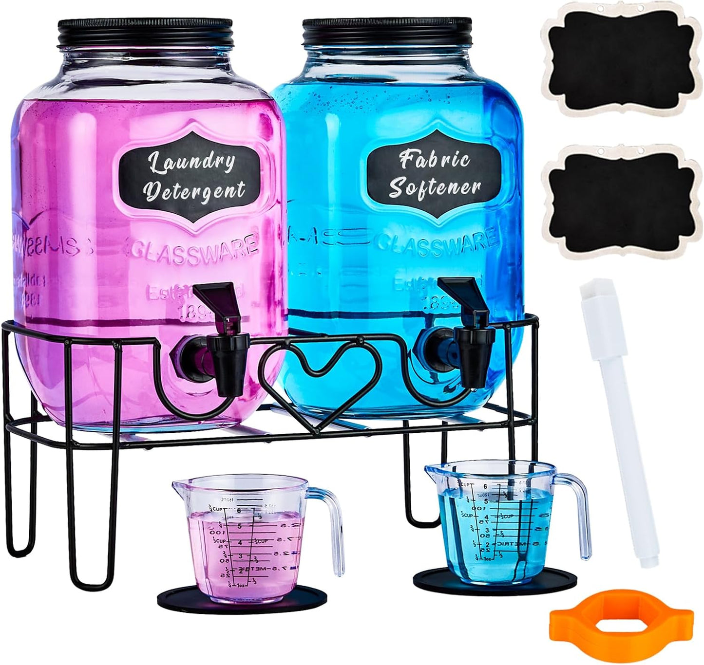 1 Gallon Liquid Laundry Detergent Dispenser with Stand, Glass Laundry Soap Dispenser, Glass Jars for Laundry Room Organization and Storage, Liquid Detergent, Fabric Softener