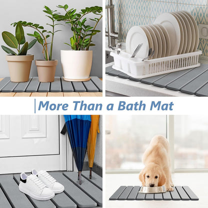 AWW Foldable Stone Bath Mat, Quick Dry Diatomaceous Earth Bath Mat with Non-Slip Mat, Super Absorbent, Easy to Clean, Compact for Small Bathrooms, 23.6 x 15.5, Grey
