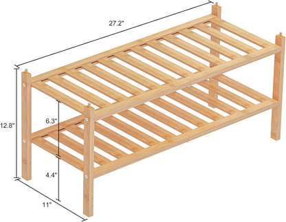 Dranixly Shoe Rack, 2-Tier Bamboo Stackable Shelf Storage Organizer, Stand for Closet, Entryway, Hallway, Bathroom and Living Room（Natural）