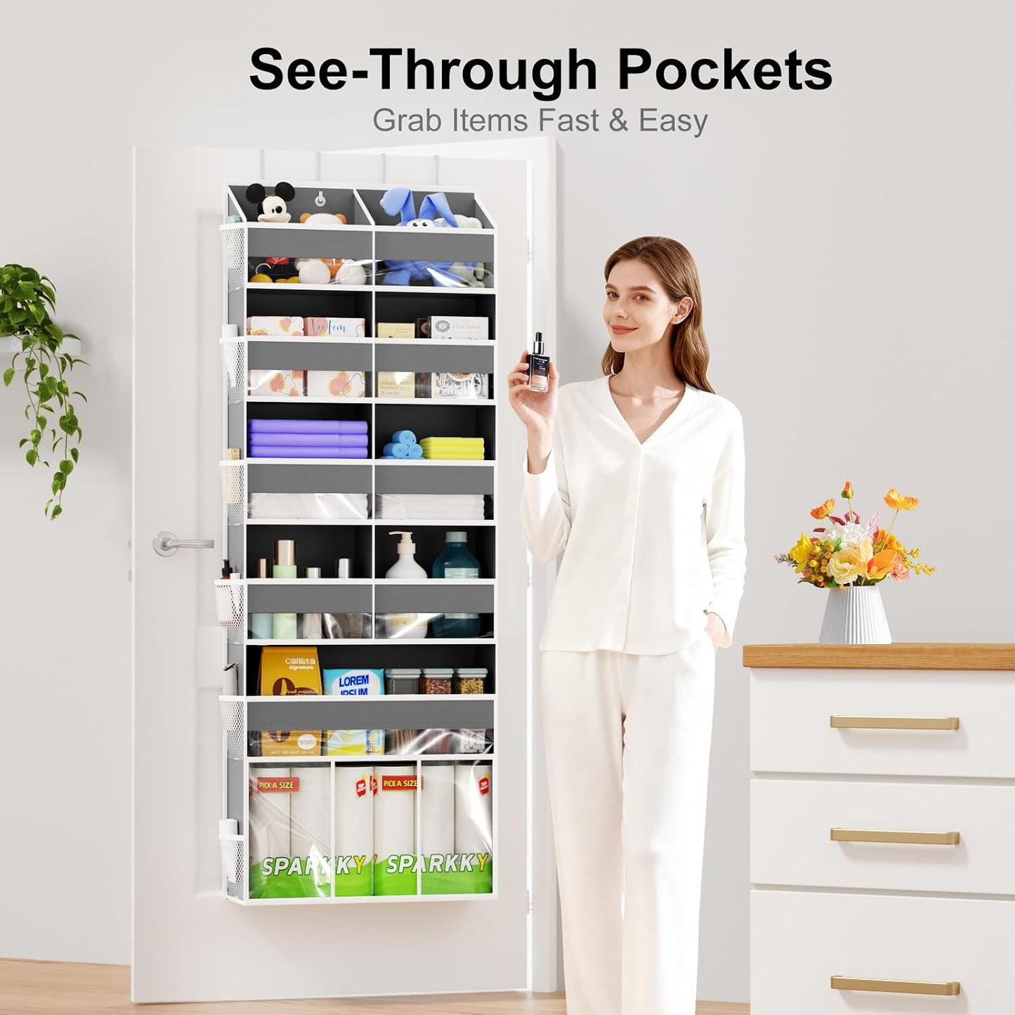 Over the Door Hanging Organizer - Closet Door Organizer and Storage with Large Pockets, Swing-Proof Behind The Door Organizer for Bathroom Nursery (Grey, 1 Pack -Extra Large 6 Tier)