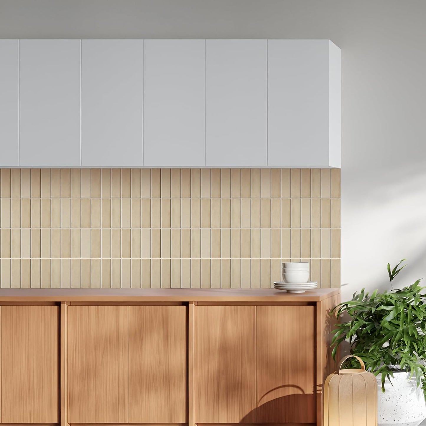 Peel and Stick Subway Backsplash Tiles, 5 Pack, 12 x 12 in, Almond | extra thick 3D wall panels, heat and water resistant wall panels, easy DIY kitchen, bathroom, laundry, fireplace wall décor