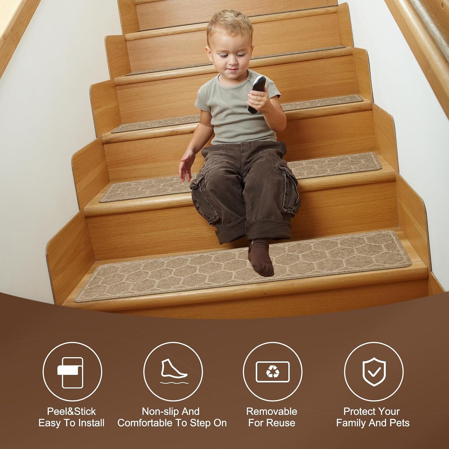 15 Pack 8 "X 30" Non-Slip Carpet Stair Treads for Indoor Wooden Steps, Made of Polyester and Reusable Adhesive, Suitable for Kids Elders and Pets（Black Lines）
