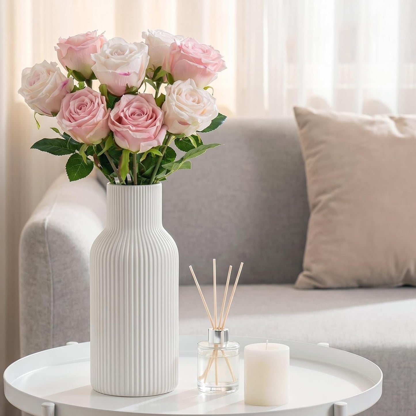 White Ceramic Flower Vases Set of 3, Modern Matte Vertical Ribbed, Nordic Minimalist Decor for Pampas, Dried & Fresh Flowers, Centerpiece for Living Room, Shelf, Entryway, Wedding,Office