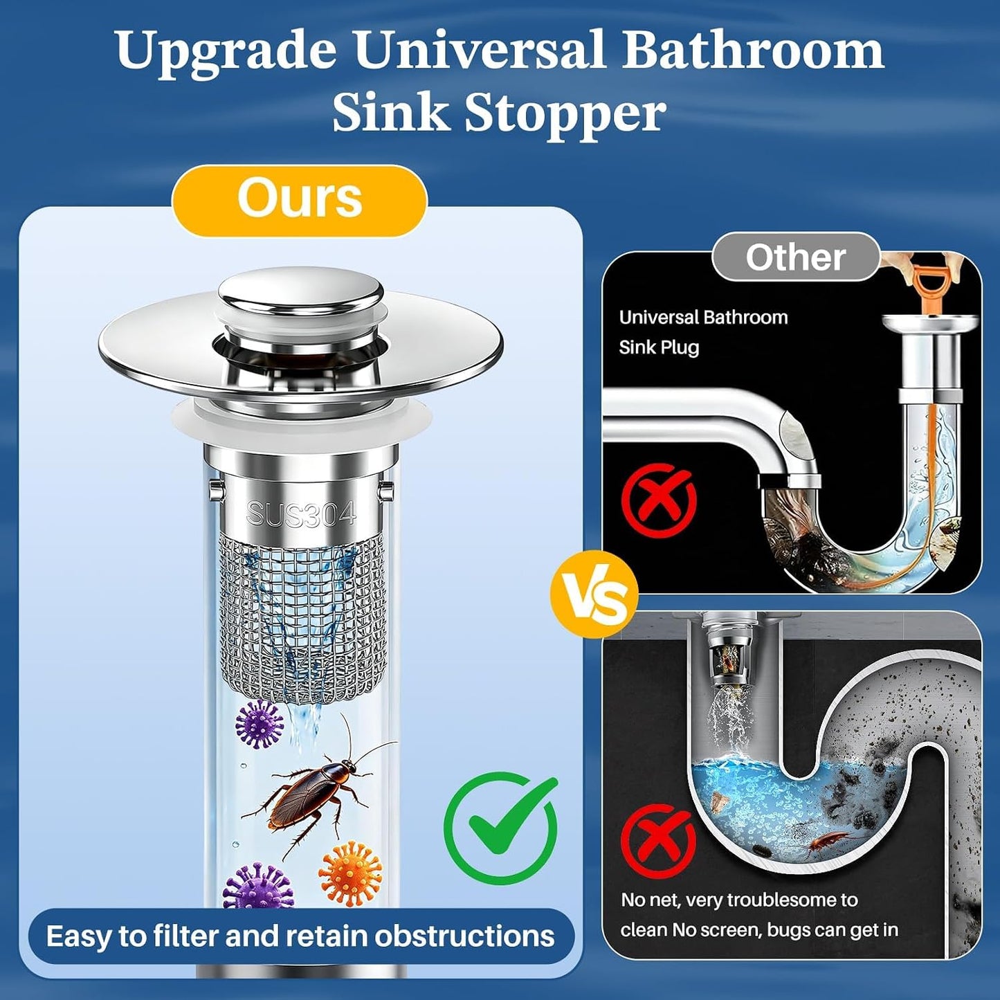 Bathroom Sink Drain Strainer,Pop Up Sink Stopper with Removable Stainless Steel Hair Catcher Basket, Anti-Clog Bathroom Sink Drain Plug for 1.1-2.36 Inch Drain Holes (Sliver 3Pcs)