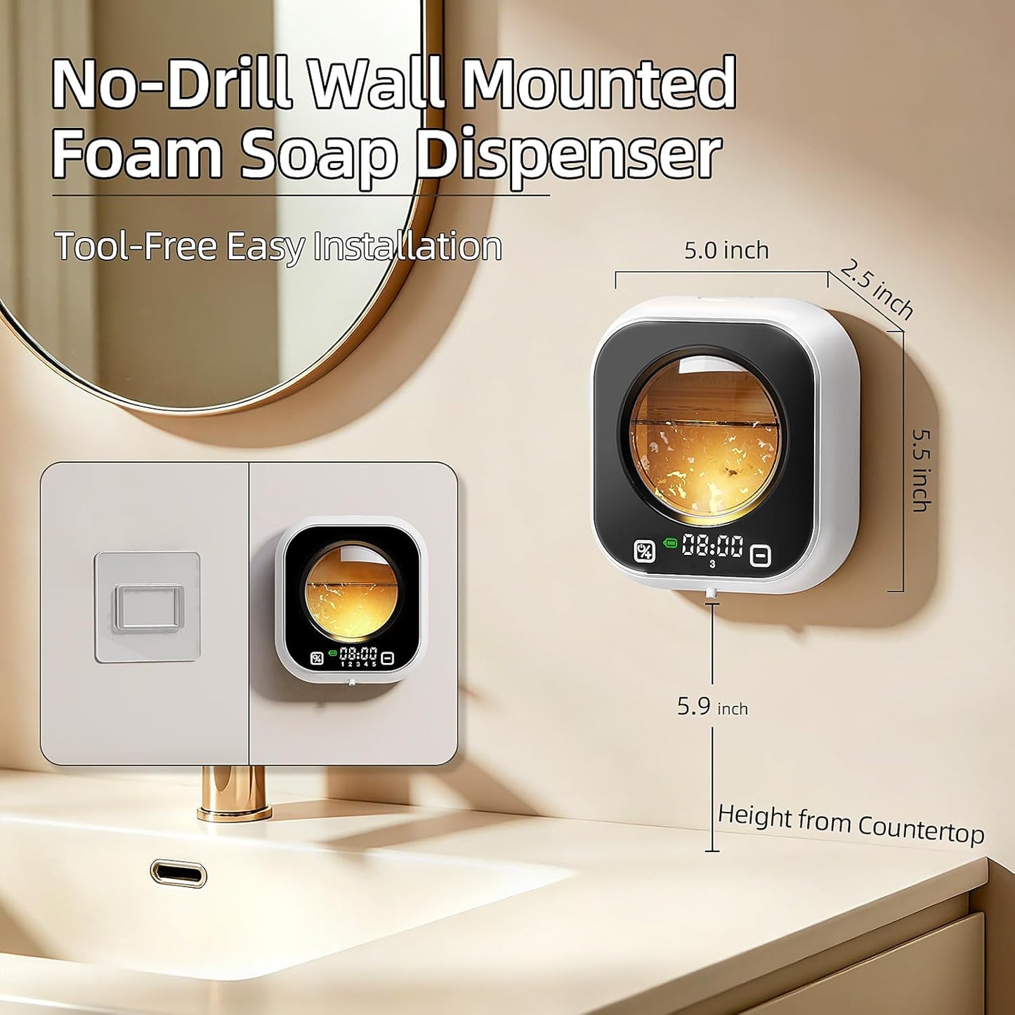 Automatic Foaming Soap Dispenser, Wall Mounted Soap Dispenser, 320ML Electric Smart Touchless Rechargeable, 5 Adjustable Foam Levels, No-Drill Waterproof for Bathroom, Kitchen, Office (Black)