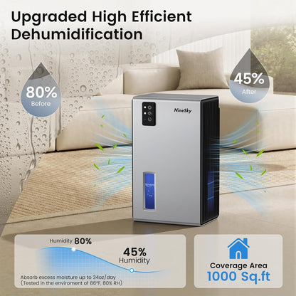 NineSky Dehumidifiers for Home, 1000 Sq.Ft Dehumidifier with 95oz Water Tank, Quiet Dehumidifier for Basement Bathroom Bedroom with 7-Color Ambient Light & Auto Shut Off, Sliver