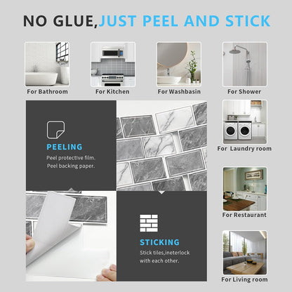 URCOLOR 10-Sheet Subway Tile Peel and Stick Backsplash for Kitchen,12"x12" Self Adhesive Wall Tiles Sticker on Back Splashes for Bathroom Gray Marble Design