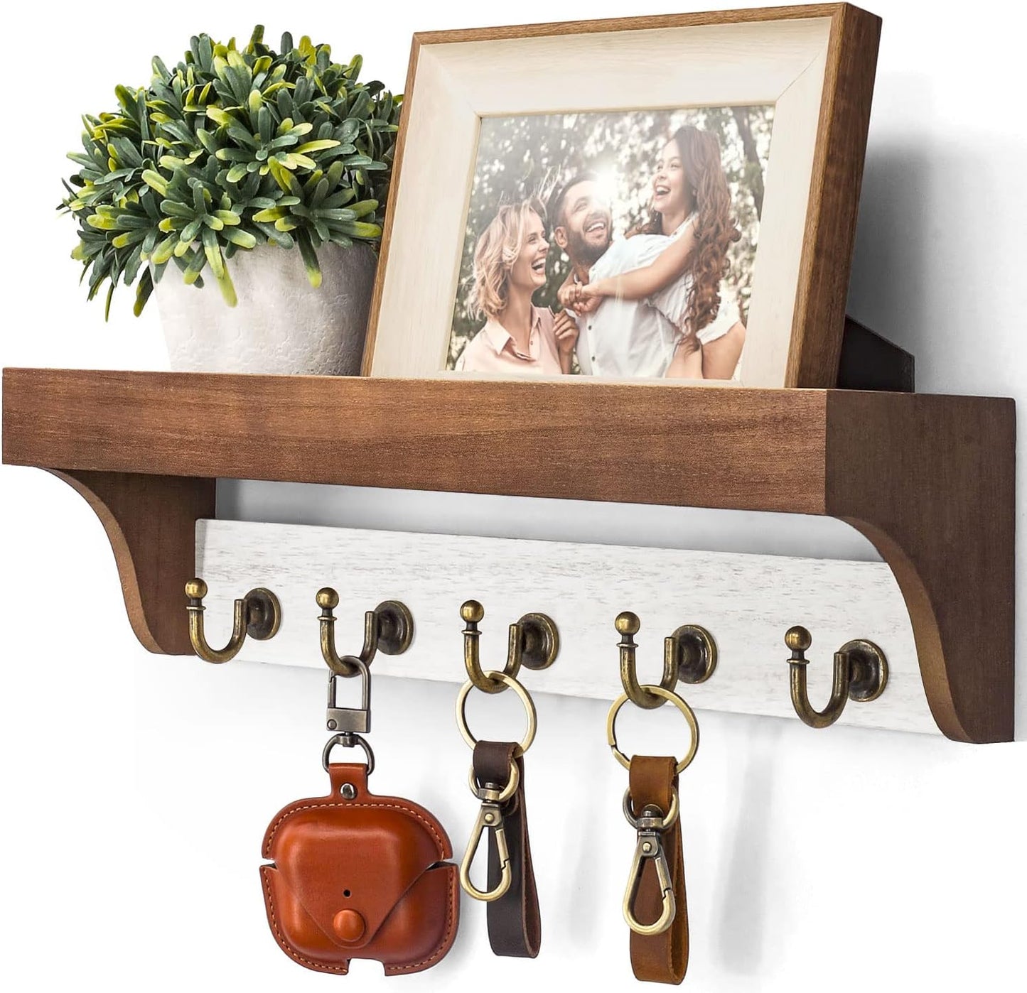 Rebee Vision Farmhouse Key Holder for Wall - Decorative Wooden Mail Organizer with 5 Rustic Key Hooks and Floating Shelf for Home Decor, Hallway, Entryway, Appartment (Retro Brown)