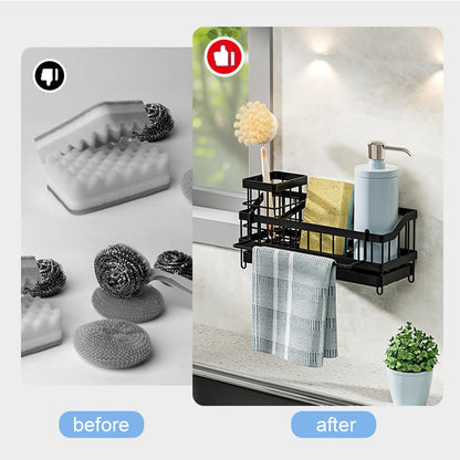 Sponge Holder for Kitchen Sink, Sink Caddy with Brush Holder, Soap Dispenser for Kitchen Organizers, Rustproof and Non-Slip, Suspension or Floor-Standing, Matte Black