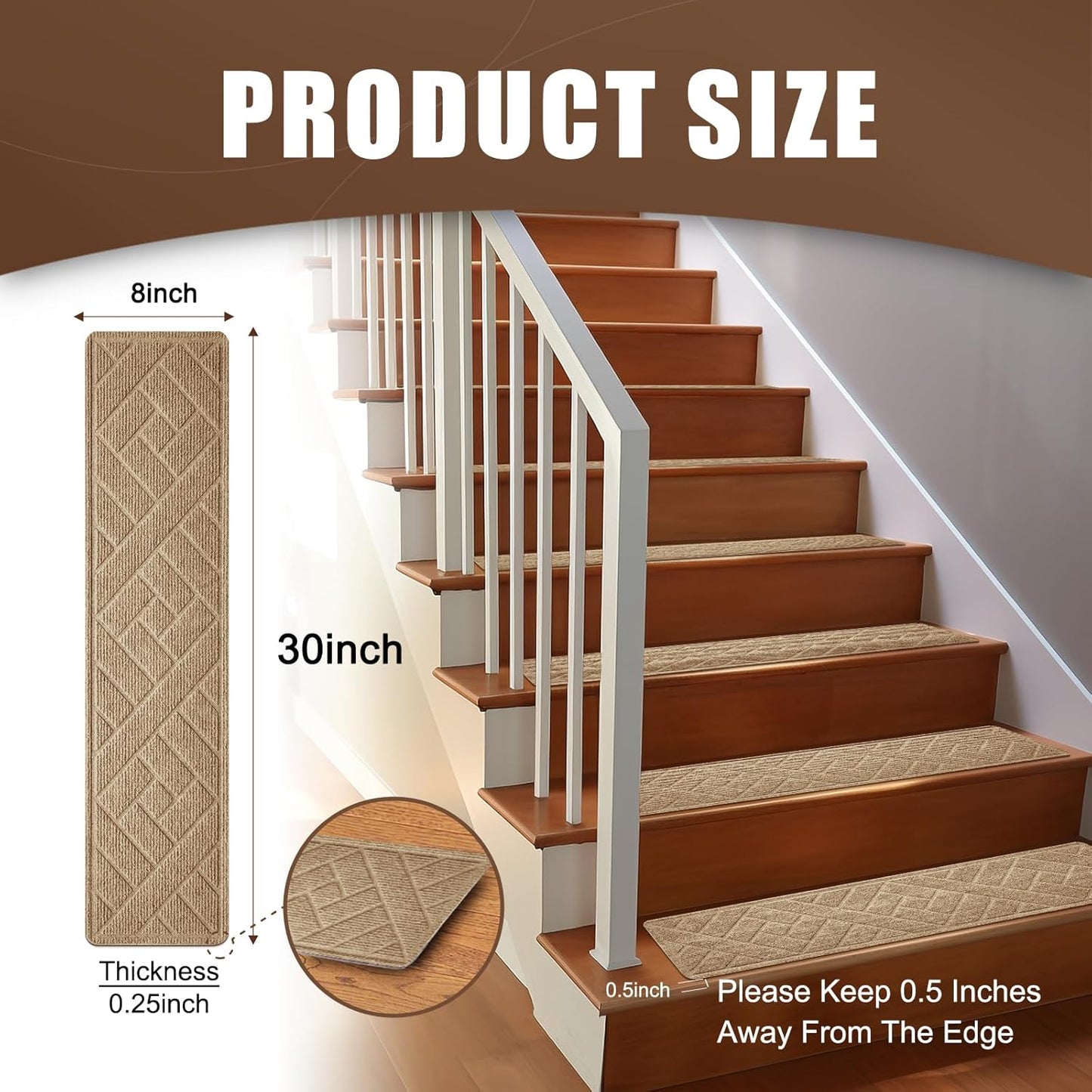 15 Pack 8 "X 30" Non-Slip Carpet Stair Treads for Indoor Wooden Steps, Made of Polyester and Reusable Adhesive, Suitable for Kids Elders and Pets（Black Lines）