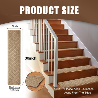 15 Pack 8 "X 30" Non-Slip Carpet Stair Treads for Indoor Wooden Steps, Made of Polyester and Reusable Adhesive, Suitable for Kids Elders and Pets（Black Lines）