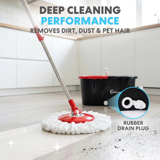 Simpli-Magic 360° Spin Mop and Bucket with Wringer – 3 High-Absorbent Microfiber Washable Heads – Spinning Mop and Bucket Set for All Types Floor Cleaning (Black)