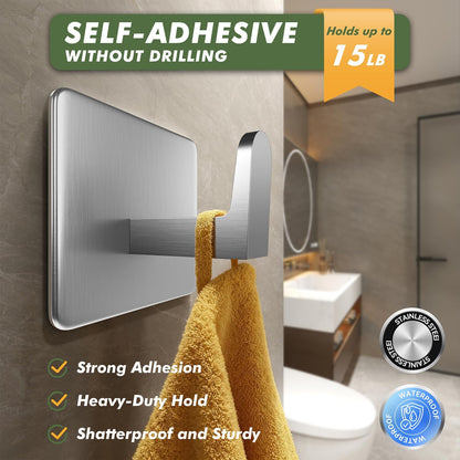 Auxmir Adhesive Towel Hooks, 5 Pack Heavy Duty Wall Hooks 15lb Max, No Drilling Sticky Hooks for Bathroom Shower Kitchen, Waterproof Rustproof Stainless Steel Hooks for Towels, Robes, Coats, Silver