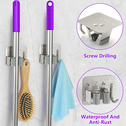 Stainless Steel Broom Holder, Heavy Duty, Rust Resistant, 4 Gripper Positions with 4 Hooks, Black