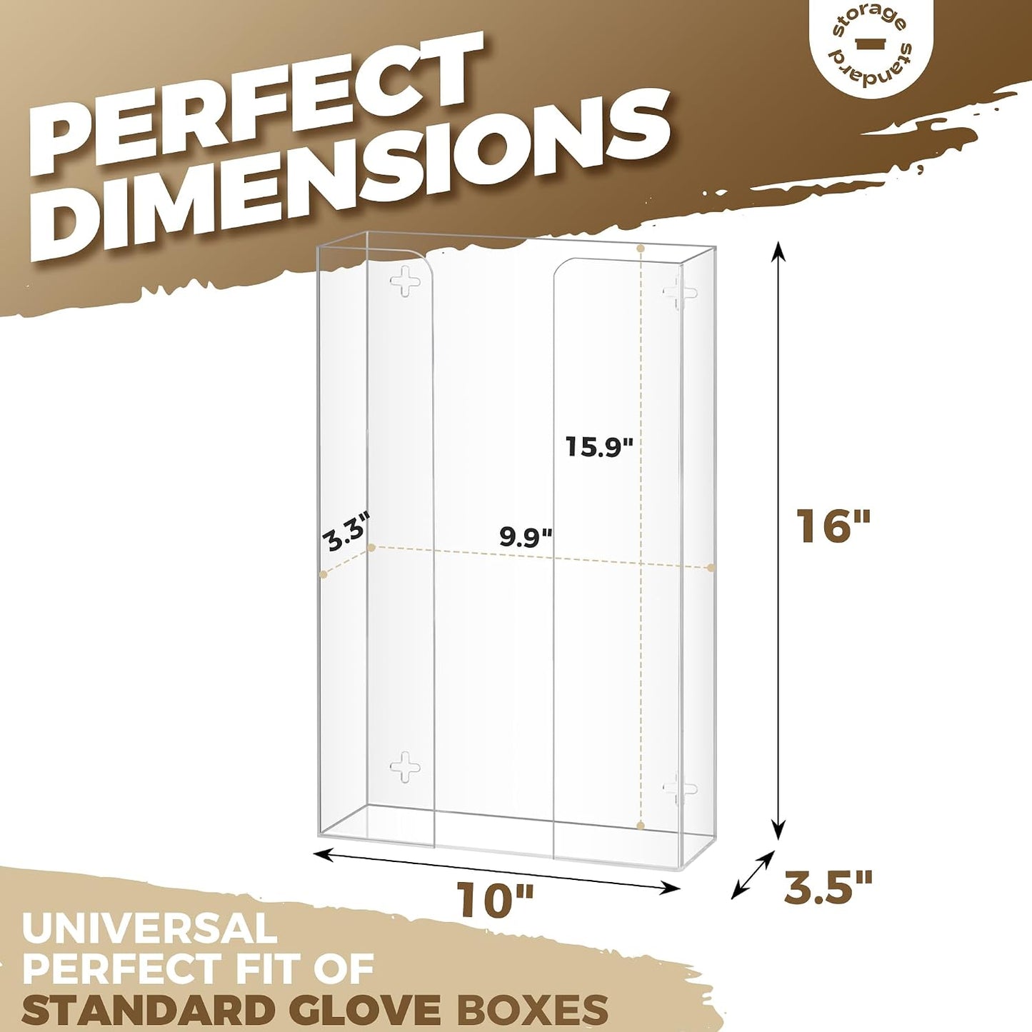 Storage Standard Glove Box Holder Dispenser - Kitchen, Medical, & Latex Gloves Holder Wall Mount or Countertop, Universal Fit - Thick Acrylic, Easy to Use, Slide, & Load Open Top Design - Clear