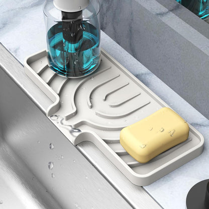 Sponge Holder for Kitchen Sink, Dish Sponge Holder & Soap Tray with Drain, Bathroom Sink Sponge Drying Rack & Perfect Organizer for Dispenser,Bottle,Cup on Sinks or Counter(8"x 4"Gray)