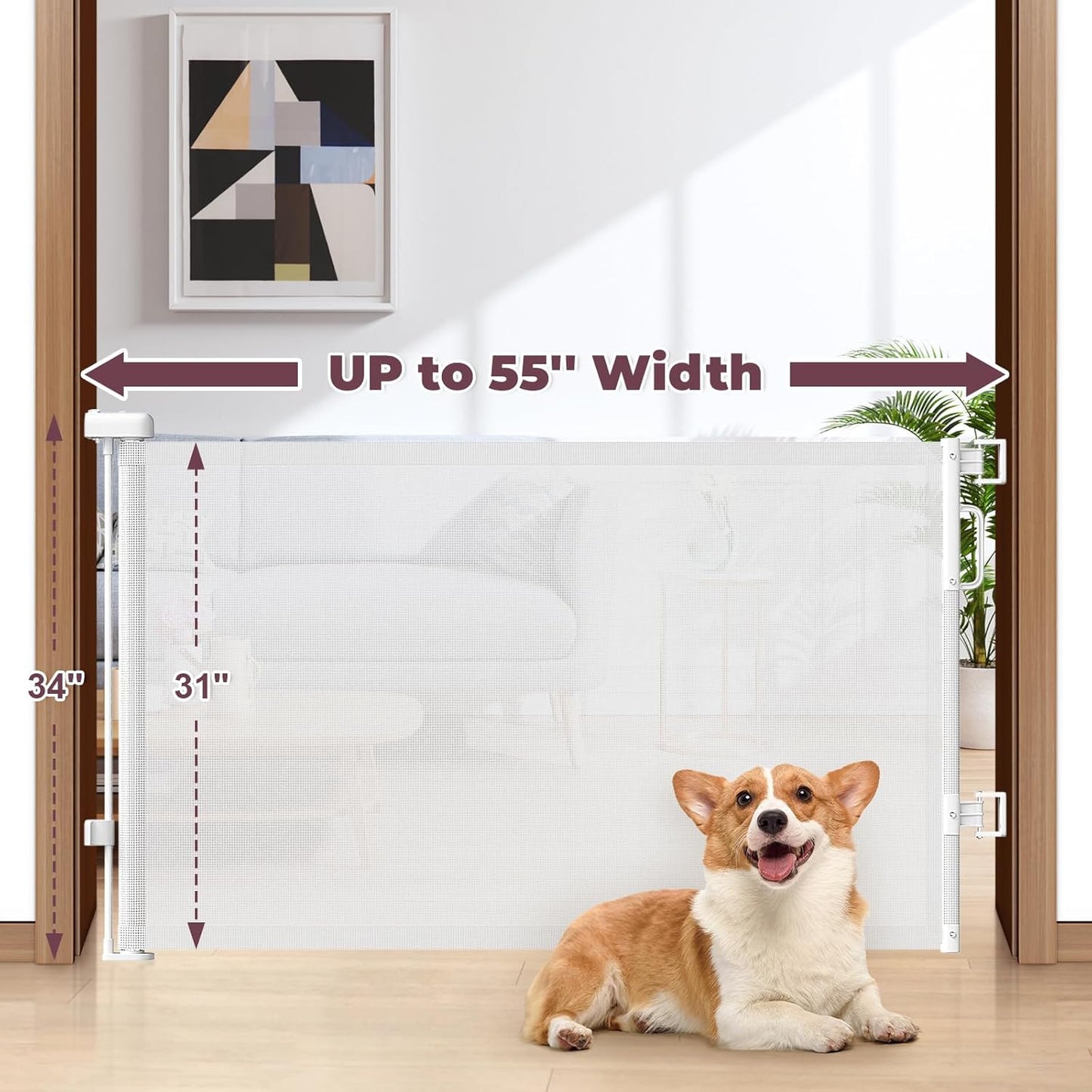 Retractable Baby Gate for Stairs & Doorways, Mesh Dog Gate Indoor Outdoor, Extends to 55" Wide 34" Tall Child Gate for Hallways, Deck, Porch, Pet Toddler Safety Essentials, Easy Install, Grey