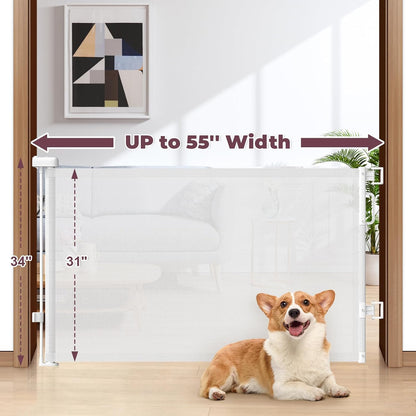 Retractable Baby Gate for Stairs & Doorways, Mesh Dog Gate Indoor Outdoor, Extends to 55" Wide 34" Tall Child Gate for Hallways, Deck, Porch, Pet Toddler Safety Essentials, Easy Install, Grey